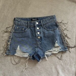 Blue B Frayed Denim Shorts with Chain Accents
